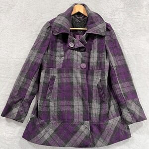 Guess Pea Coat‎ Double Breasted Women S-M Wool Blend Jacket Buttons Plaid Y2K